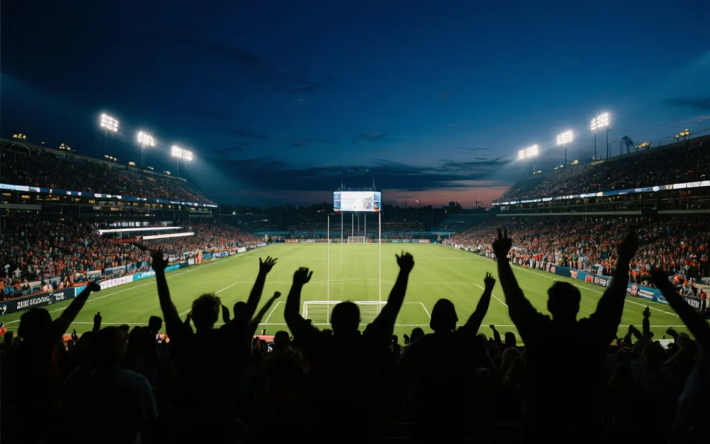 跨国联合举办的世界杯氛围：球迷、球场与城市夜景的概念画面