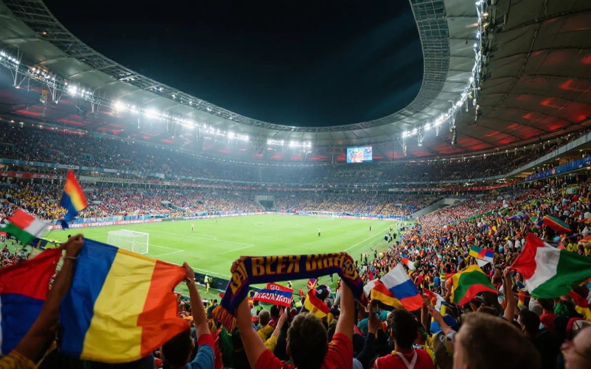 球场内座无虚席,球迷身穿各国球衣挥舞旗帜,灯光下气氛热烈